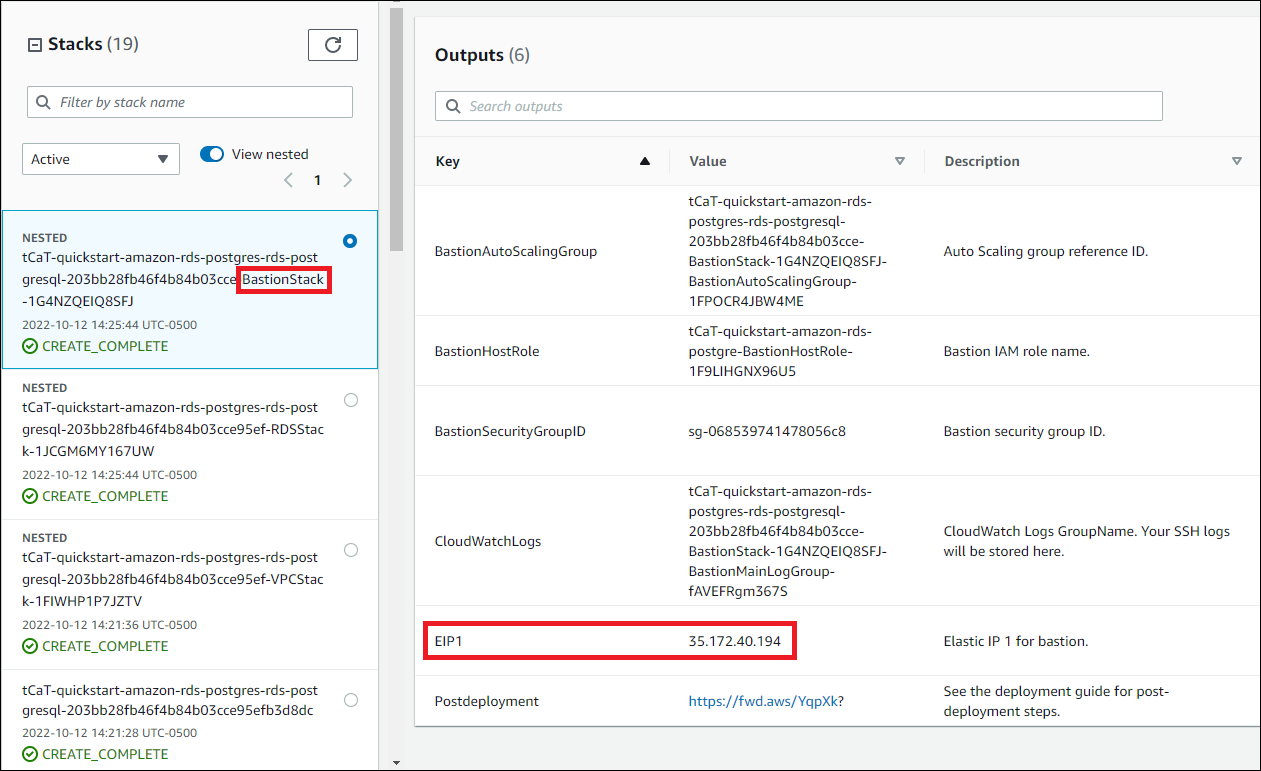 AWS CloudFormation stack BastionStack Outputs tab