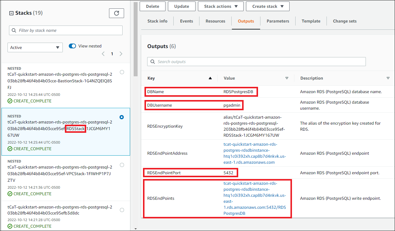 AWS CloudFormation stack RDSStack Outputs tab