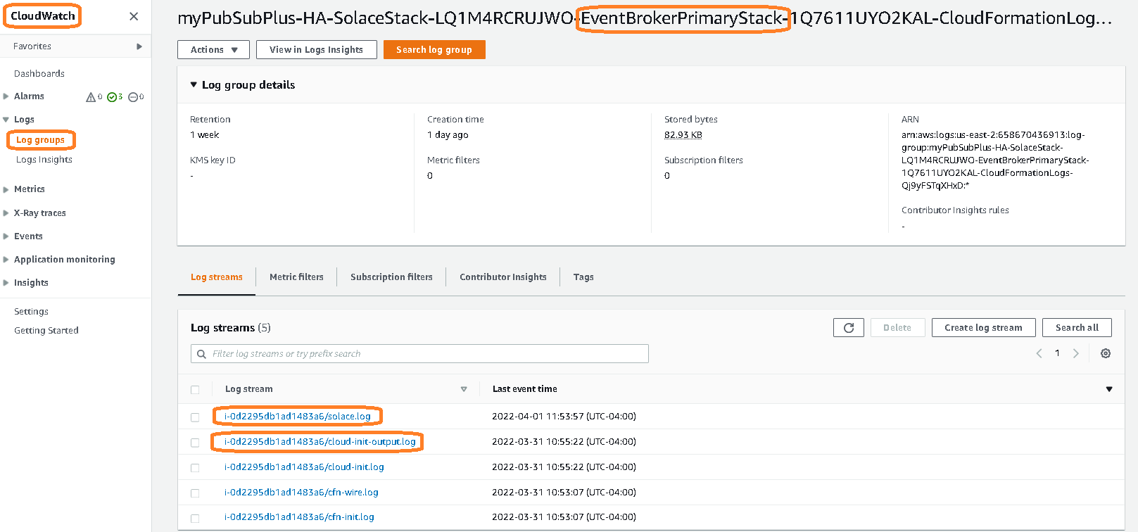 Event Broker logs in CloudWatch